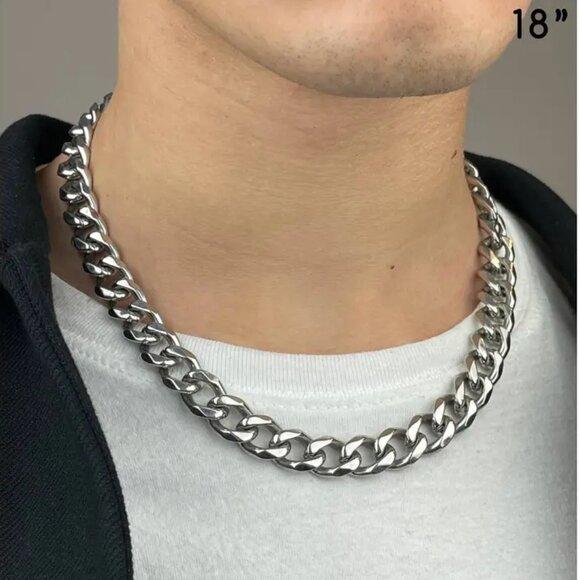 High Polished Cuban Link Chain Necklace 12mm 18in - Picture 1 of 4